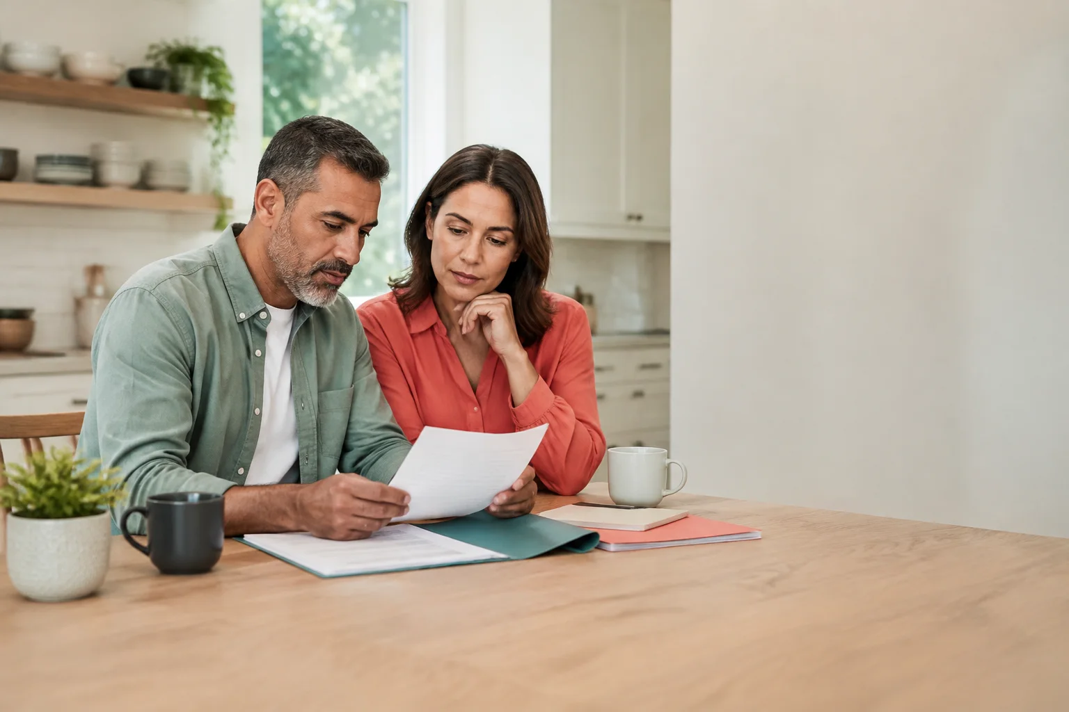 A couple reviewing organized papers together at a kitchen table